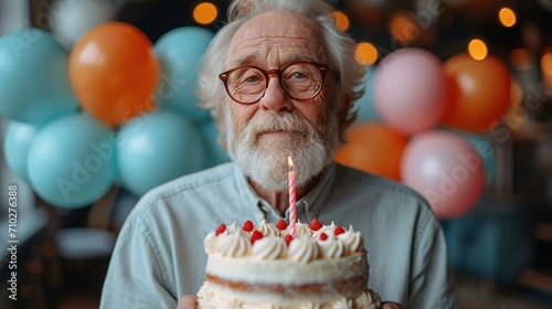 Portrait of smiling senior man preparing to enjoy a piece of chocolate cake.