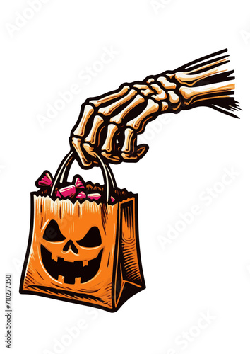 halloween candy bag in skeleton hand