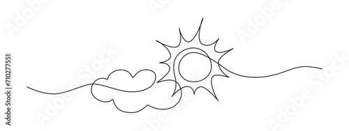 Sun continuous one line drawing and cloud. Sun contour sign. Single line sketch sunny summer travel concept.