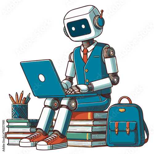 robot student with laptop and books