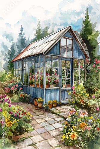greenhouse flowers plants pots illustration blue silver color princess red meth lab well little cottage portal photo