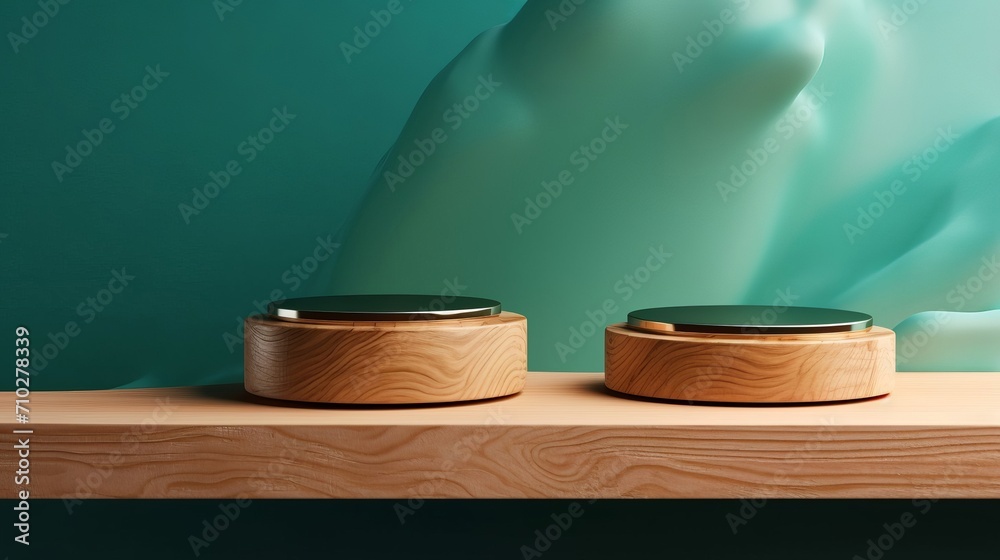 The Emerald Green background with a wooden podium. On top of the wooden podium, two small podiums add a minimal touch to the product display The Emerald Green background with a wooden podium. On top of the wooden podium, two small podiums add a minimal touch to the product display