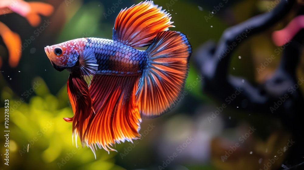 Obraz premium A stunning red Betta fish displays a vibrant and colorful tail against a natural background