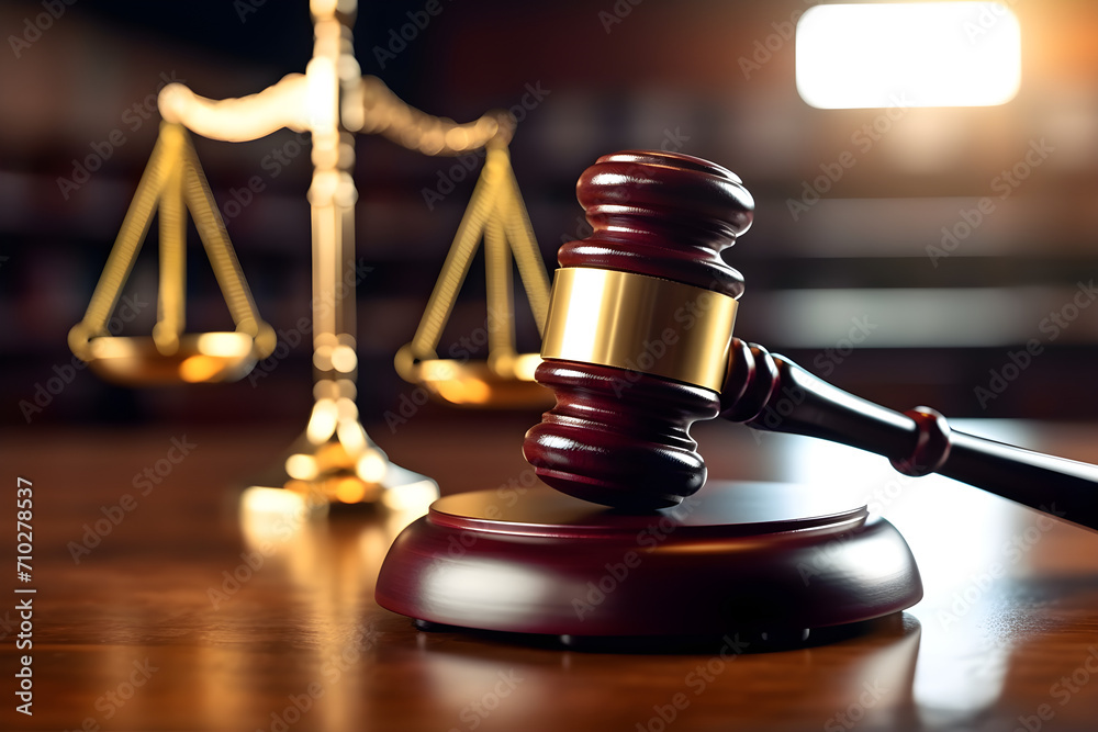 A judge's gavel on a wooden base next to a blurred golden metal scale on a wooden table. The background is blurred like being in a court of law. The picture presents the topic of justice. A judge's gavel on a wooden base next to a blurred golden metal scale on a wooden table. The background is blurred like being in a court of law. The picture presents the topic of justice.