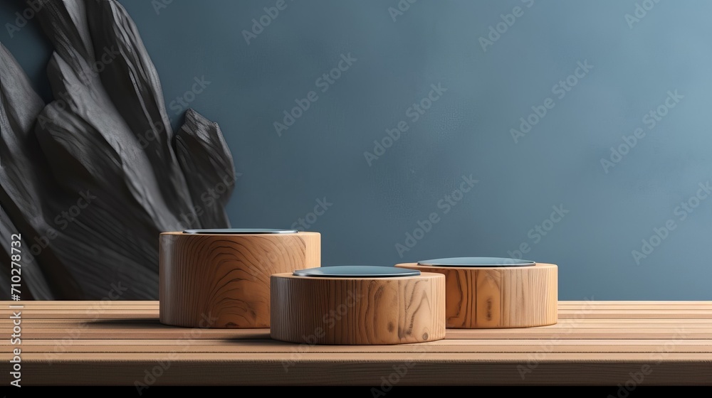 The Charcoal Gray background with a wooden podium. On top of the wooden podium, three small podiums add a minimal touch to the product display - obrazy, fototapety, plakaty 