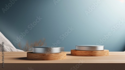 The Silver background with a wooden podium. On top of the wooden podium, two small podiums add a minimal touch to the product display
