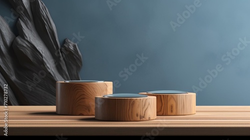 The Charcoal Gray background with a wooden podium. On top of the wooden podium, three small podiums add a minimal touch to the product display photo