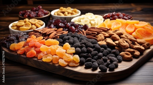 Dried fruits and berries on a wooden background. Bananas, raisins, plums, dried apricots, dates, pineapples, figs. Healthy, healthy food. Diet, natural sugar. © Cherkasova Alie