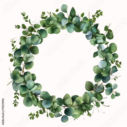 closeup wreath green leaves branches flat deep color texture light grey crown eucalyptus round cropped product princess scuta photo