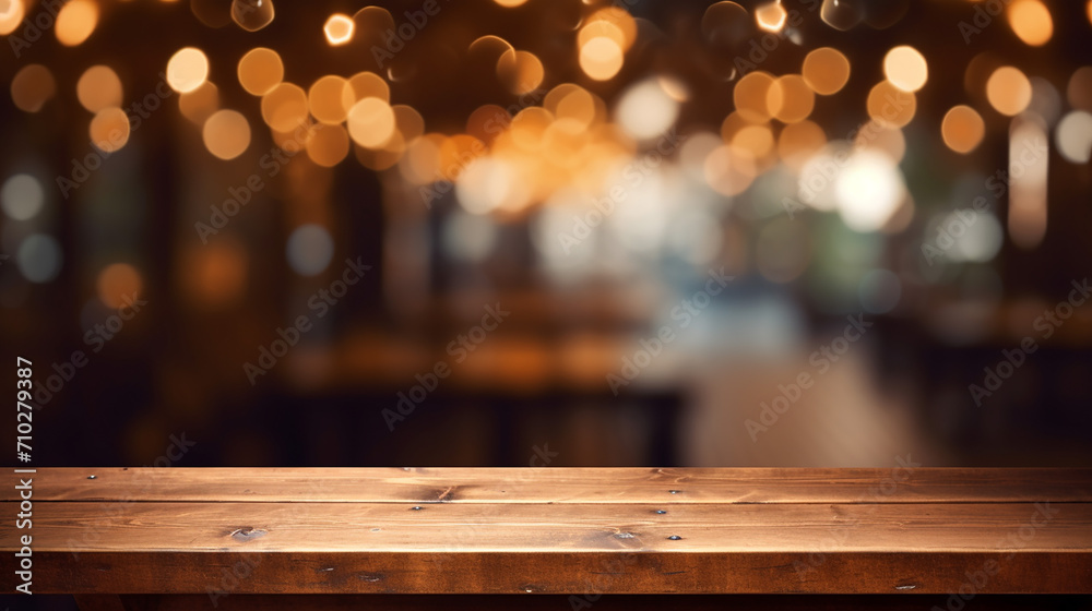 image of wooden table in front of abstract blurred background at night image of wooden table in front of abstract blurred background at night