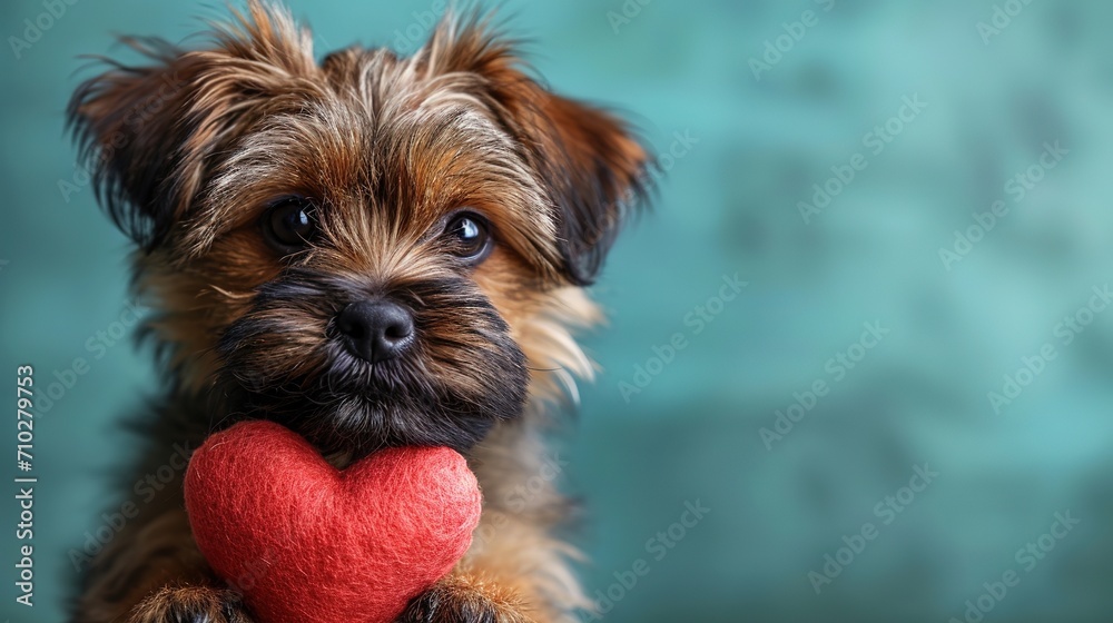 Cute lover Valentine puppy dog lying with a red heart, isolated on blue background Cute lover Valentine puppy dog lying with a red heart, isolated on blue background