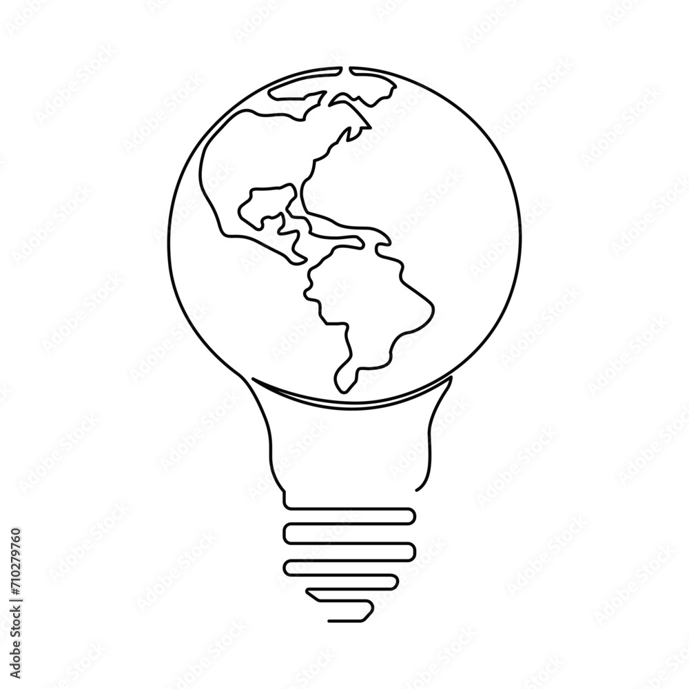 Continuous One line Earth globe inside lightbulb and earth hour outline vector art illustration Continuous One line Earth globe inside lightbulb and earth hour outline vector art illustration
