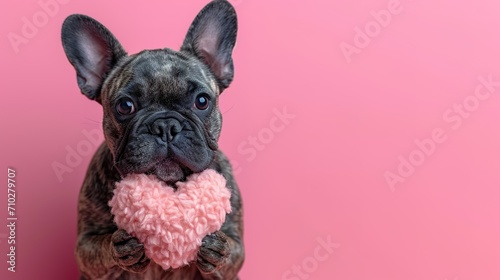 Cute lover Valentine French bulldog puppy dog lying with a red heart, isolated on pink background photo