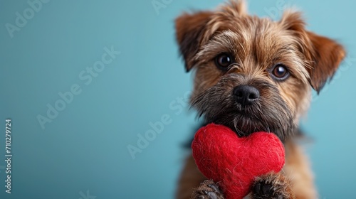 Cute lover Valentine puppy dog lying with a red heart, isolated on blue background photo