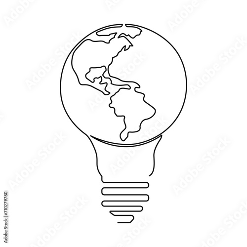 Continuous One line Earth globe inside lightbulb and earth hour outline vector art illustration