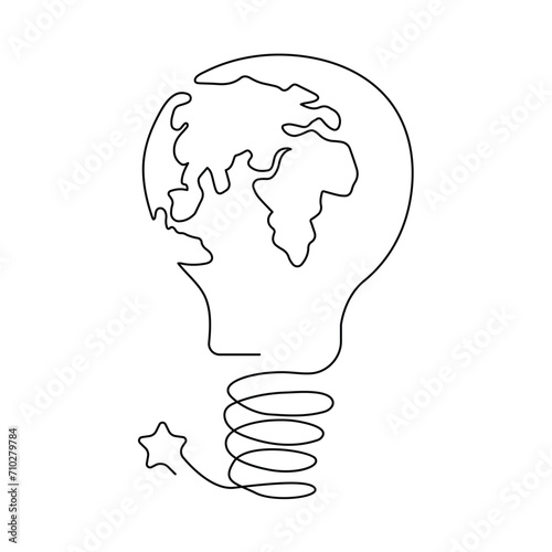 Continuous One line Earth globe inside lightbulb and earth hour outline vector art illustration