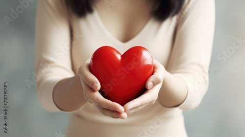 Close-up of a woman s hands holding a red heart. Valentine s Day greeting card. A symbol of love.