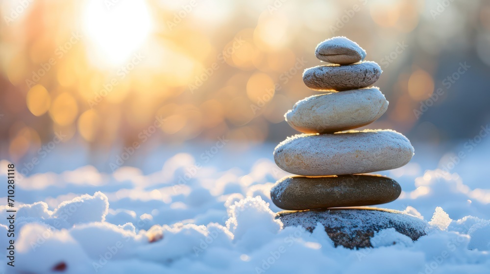 Winter outdoor background featuring a stack of pebbles or stones, offering room for copy space.
