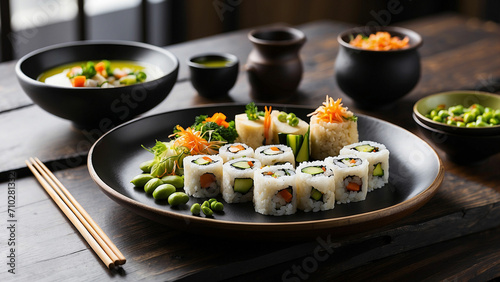 a veg food plate with an Asian fusion twist, featuring vegetable sushi rolls, tofu stir-fry, edamame, and a side of miso soup