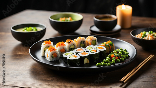a veg food plate with an Asian fusion twist, featuring vegetable sushi rolls, tofu stir-fry, edamame, and a side of miso soup