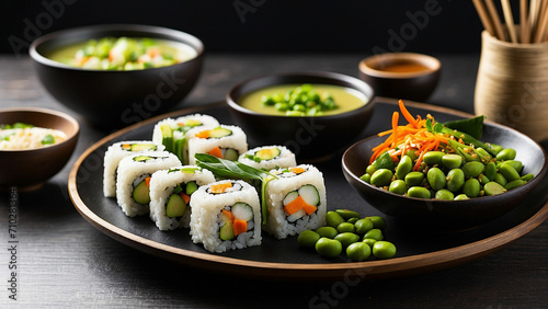 a veg food plate with an Asian fusion twist, featuring vegetable sushi rolls, tofu stir-fry, edamame, and a side of miso soup