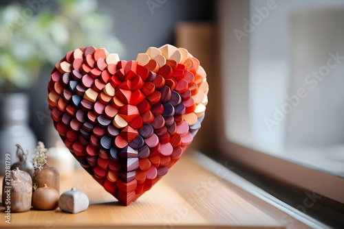 Lively heart-shaped illustrations made from small pieces of wood are displayed prominently. It is like a mind that is taken care of and created with warmth, allowing a person to live a strong life. photo