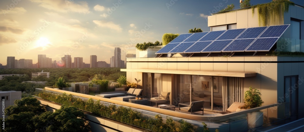 Apartment rooftop with eco-friendly solar panels.