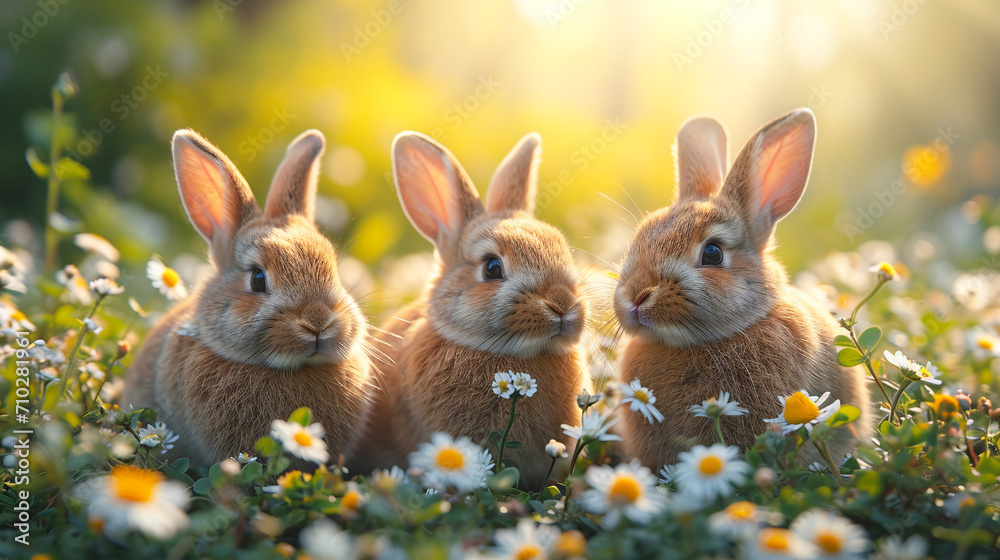 Obraz premium Charming trio of rabbits among spring daisies at golden hour, ideal for greeting cards, nature blogs, and pet themes. AI Generative