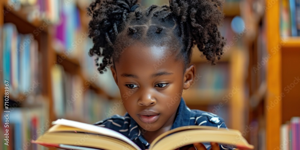 attentive African American student engrossed in a book - obrazy, fototapety, plakaty 