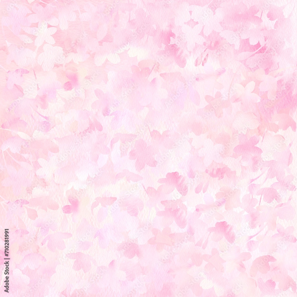 ピンク色の水彩画に桜の花々が溶けこんだ美しい背景イラスト。