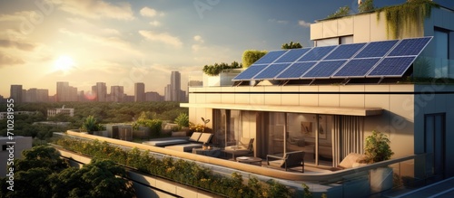 Apartment rooftop with eco-friendly solar panels.
