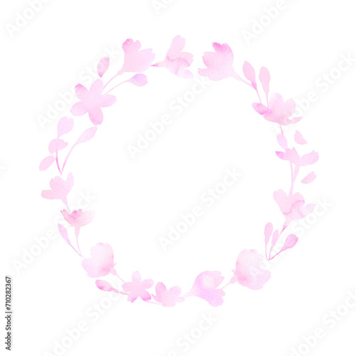 ピンク色の桜の花で形作ったフラワーリース。水彩イラストを使用。