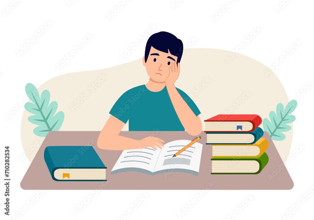 Bored tired student doing homework. Sad high schoolboy feeling boredom. Unhappy fatigue teen pupil with books on table. Bored tired student doing homework. Sad high schoolboy feeling boredom. Unhappy fatigue teen pupil with books on table.
