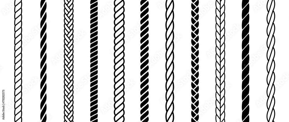 Repeating rope set. Seamless hemp cord line collection. Black chain, braid, plait stripe bundle. Vertical decorative plait pattern. Vector marine twine design elements for banner, poster, frame, decor - obrazy, fototapety, plakaty 