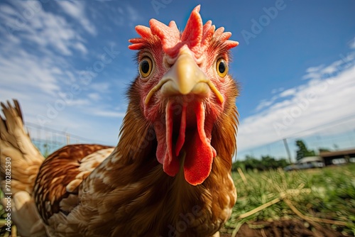 A large adult mottled chicken looks at the camera. Front view. Close-up. photo