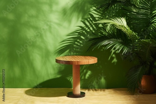 Round wooden podium table surrounded by tropical palm tree, dappled sunlight on green wall. Generative AI