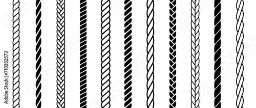Repeating rope set. Seamless hemp cord line collection. Black chain, braid, plait stripe bundle. Vertical decorative plait pattern. Vector marine twine design elements for banner, poster, frame, decor photo