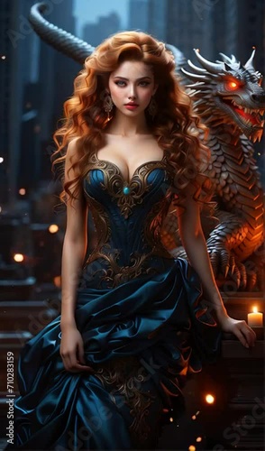 Quenn of Dragons: Ethereal Beauty in Cosmos Dress - Striking Figure, Black and Red Hair, Universe Eyes, Star-Spangled Attire, Luminous 3D Render photo
