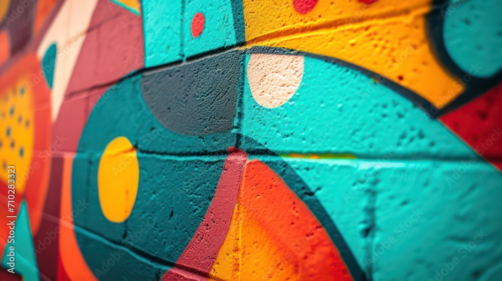 Fototapeta premium A photo of a graffiti-covered wall with vibrant and abstract patterns, depth of field control method, primitivism, 64K, high resolution --ar 16:9 --v 6 Job ID: 67885b05-da85-44c3-bc80-bfe334933694