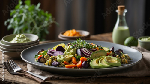 a veg food plate loaded with roasted seasonal vegetables, quinoa salad, and a creamy avocado dressing the scene on a dark wooden table in a rustic restaurant to emphasize the connection to locally sou