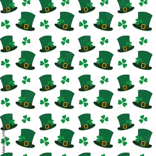 Seamless pattern of leprechaun hats and shamrocks in trendy green. St. Patricks backdrop concept photo