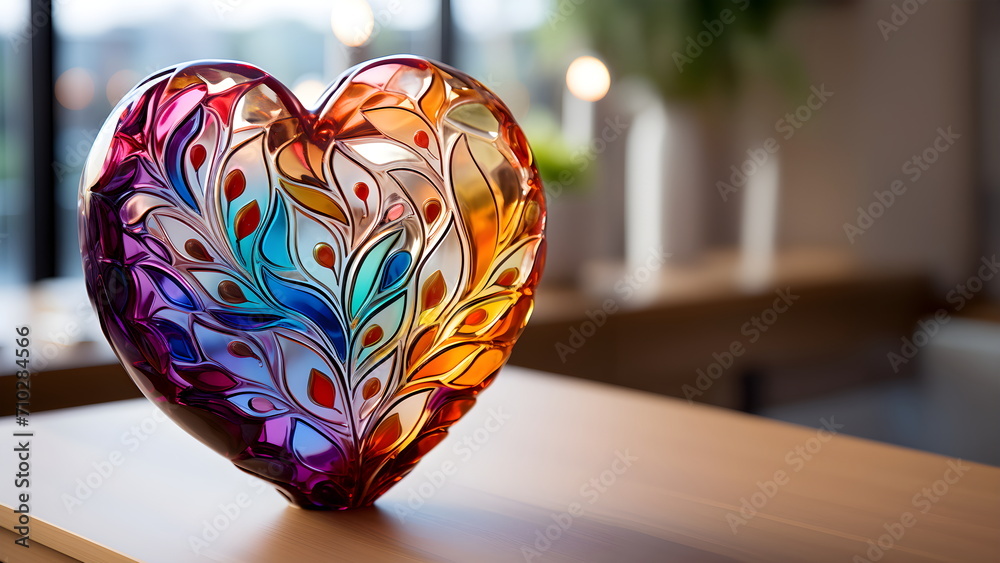 Colorful crystal heart Reflects beautifully and outstandingly. There is a space for copy text. Suitable for making greeting cards on occasions related to love. It shows a beautiful but fragile love. - obrazy, fototapety, plakaty 