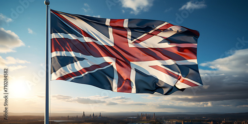 The British flag flutters high. blue sky background..