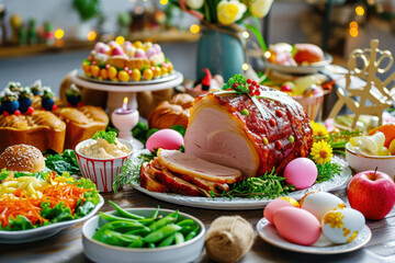 Easter dinner on table in the garden