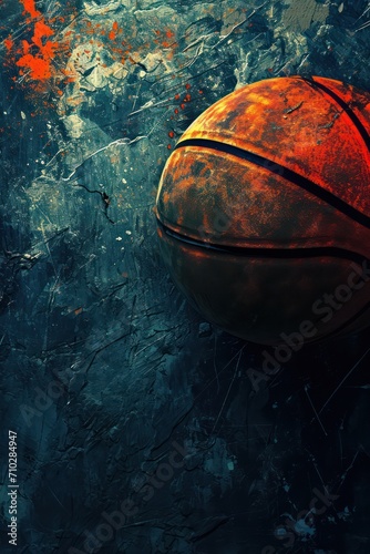 Basketball background with copy space, featuring a close-up highlight of the basketball. 