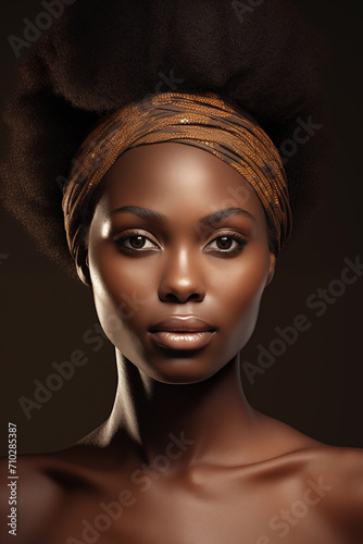 Studio portrait of a beautiful black African woman wearing traditional headdress and beaded necklace on a dark black background