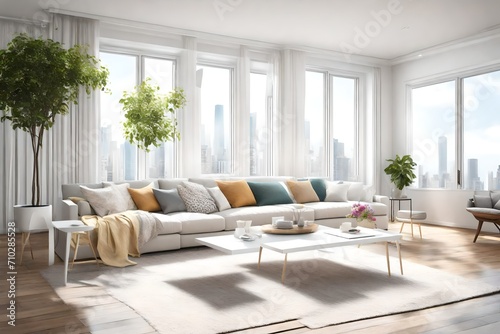 A bright and airy living room with floor-to-ceiling windows, a simple white coffee table, and a blank white empty frame mockup on the wall. The room is adorned with colorful vases.