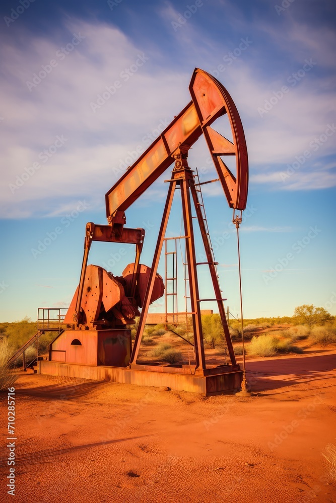 A testament to human endeavor, an oil pump stands tall, bridging the gap between earth and sky A testament to human endeavor, an oil pump stands tall, bridging the gap between earth and sky