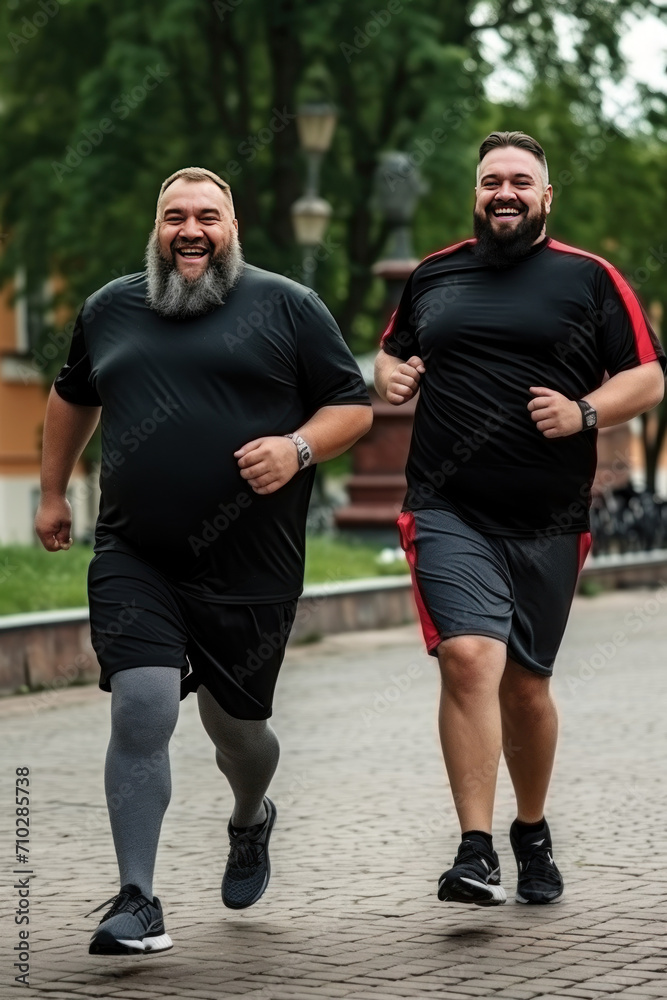 Positive bearded Caucasian male friends run together across green park in morning.