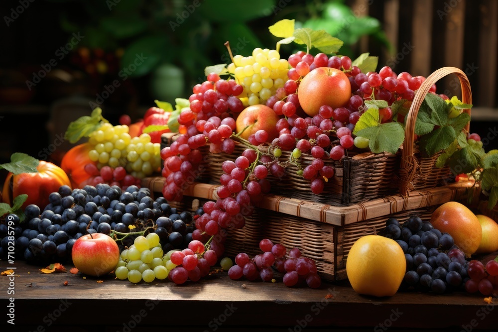 Basket full of various grapes and fruits, organic fruits, supermarket fruit promotion advertisement, wine making Basket full of various grapes and fruits, organic fruits, supermarket fruit promotion advertisement, wine making